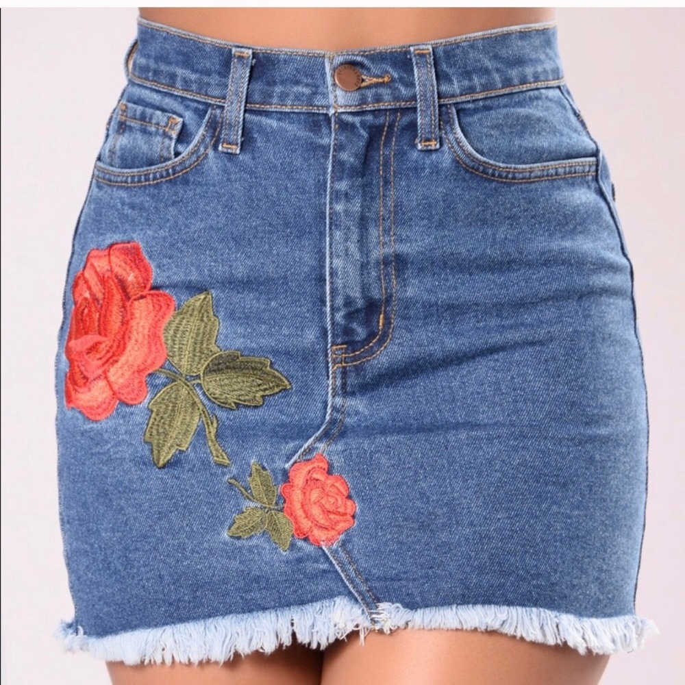 Fashion Nova Rose Embroidered Jean skirt